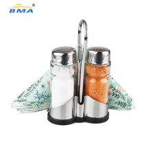 Stainless Steel Condiment Set Salt and Pepper Glass Jar with Napkin Holder